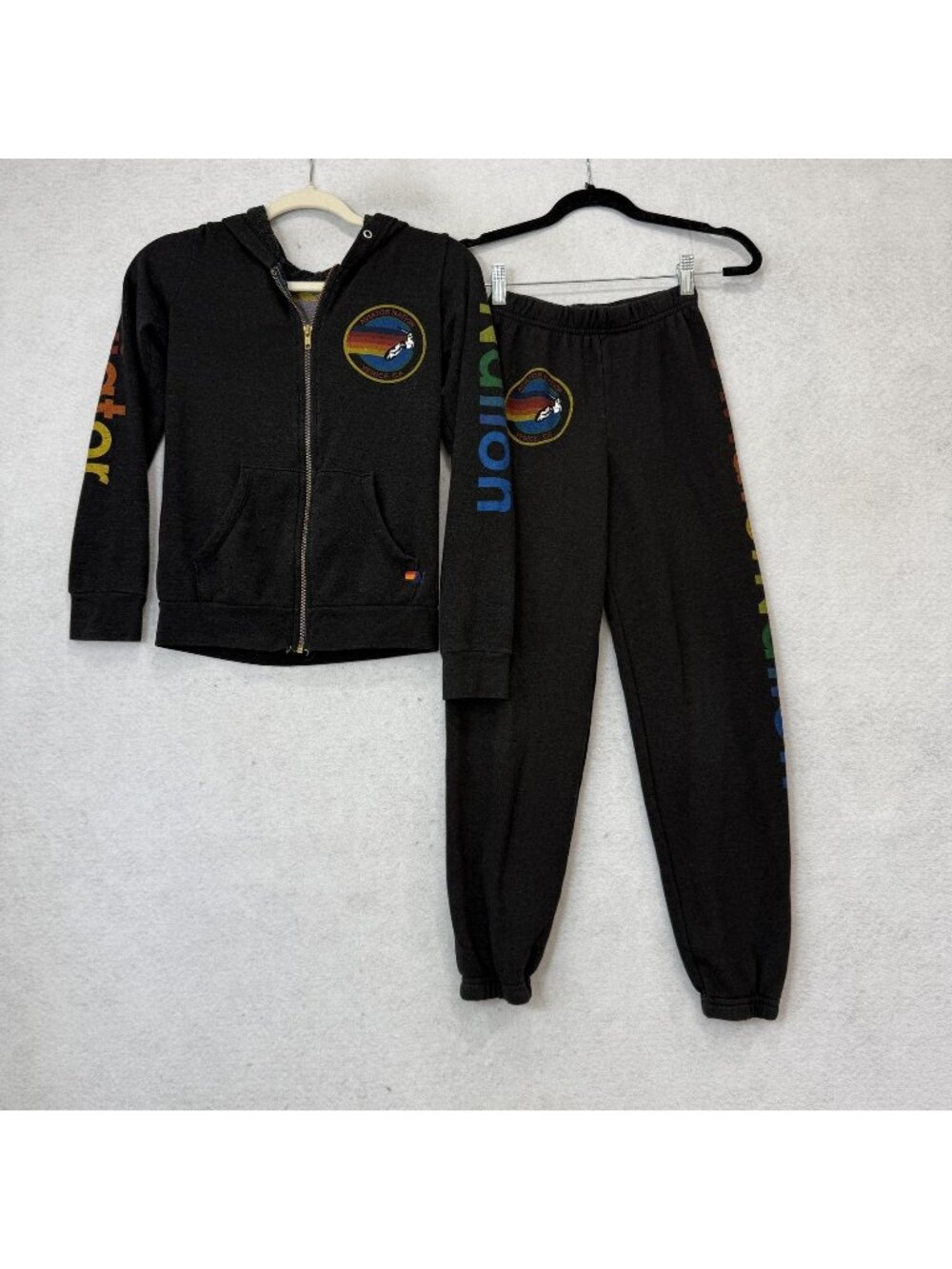 Aviator Nation Sweatsuit Set Kids 12 Black Fleece Zip Hoodie Jogger Pants Logo